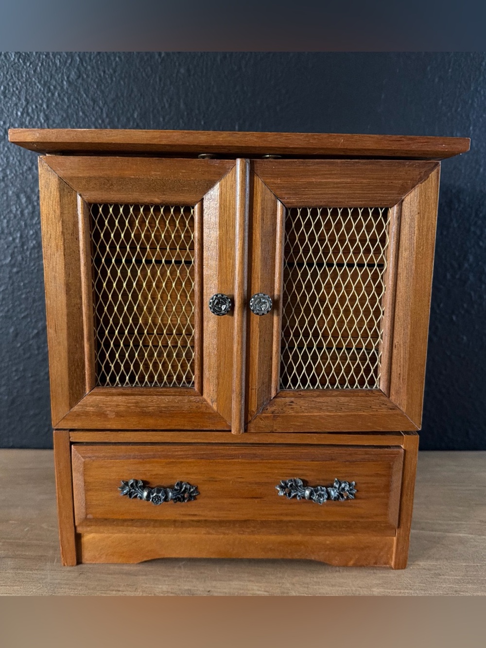 Vintage Y2K 80s 90s Wood Jewelry Armoire Music Box Whimsical Cottagecore Doll